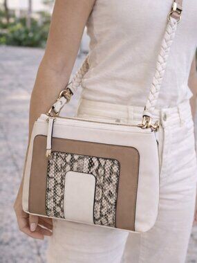 Alfani Colorblock Snake Print Shoulder Bag White Tan Gold